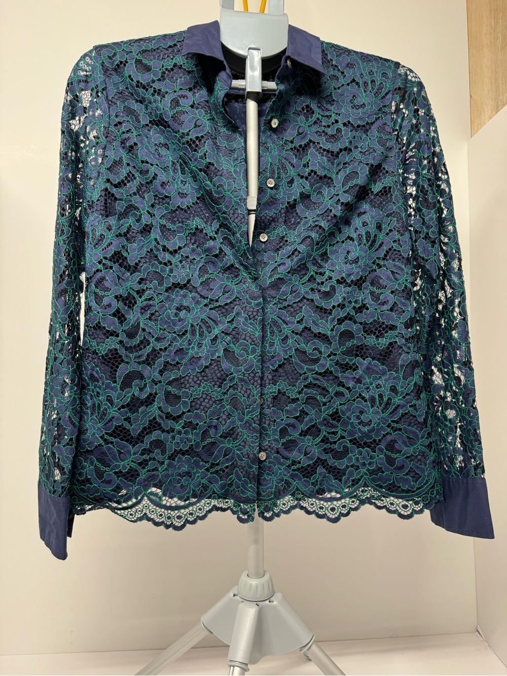 Womens Navy and Teal Lace Button-Front Top